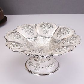 Gold Fruit Basket Flower Shape Festival Alloy Candy Food Nut Fruit High Storage Basket Wedding Home Desktop Tray Decoration (Color: Silver)